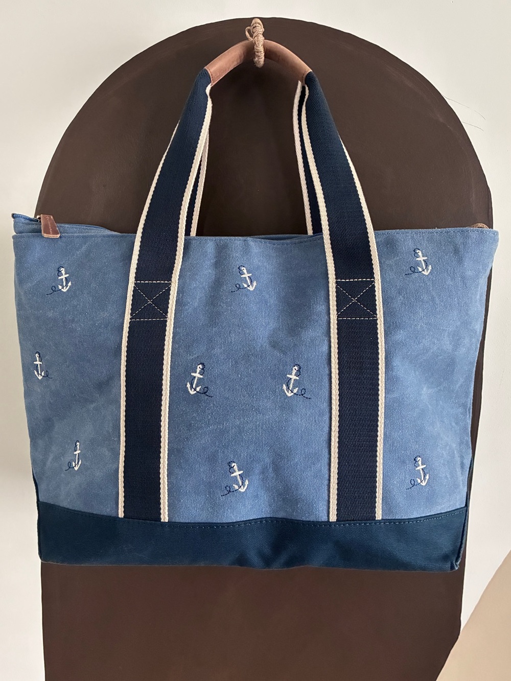 L.L.Bean Discontinued Anchor Canvas Tote Large Blue Zip Top Nautical
